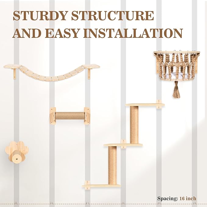 TAKEKIT Cat Wall Shelves and Perches, Wall Mounted Cat Furniture with Hammock, Bridge, Tree, Steps and Scratching Posts, Wooden Climbing System for Indoor Large Cats and Kittens
