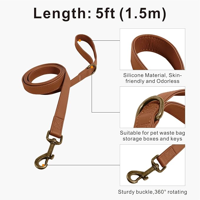 Dog Collar and Leash Set,Leather Silicone Waterproof Odor-Proof Dog Collar and Leash for Small Dogs, Soft Flexible Dog Collars, Durable Thick Adjustable Pet Collar (Brown, Small (11-15.5" Neck))