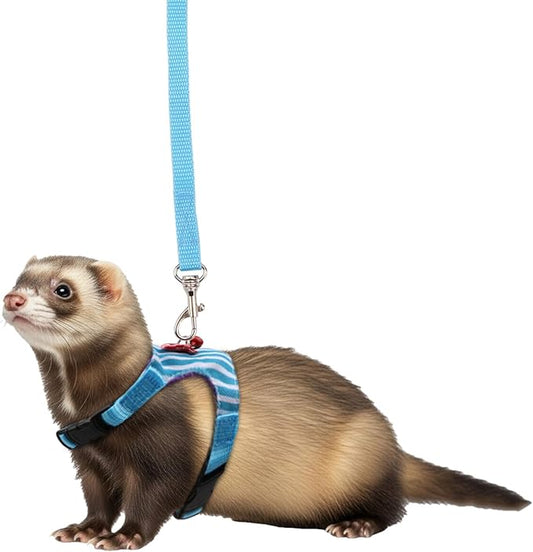 Hypeety Small Animal Harness Vest and Leash Set Soft Mesh Small Pet Harness Hamster Rabbit Chest Back Outdoor Leash Traction Rope for Rabbit Ferret Guinea Pig Kitten Clothes Accessory (M, Blue Stripe)
