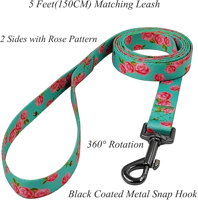 Dog Collar Leash Set, Floral Pattern, Polyester Material, Adjustable Collar and 5ft Matching Leash, for Puppy Dogs.(XS, Green Rose)