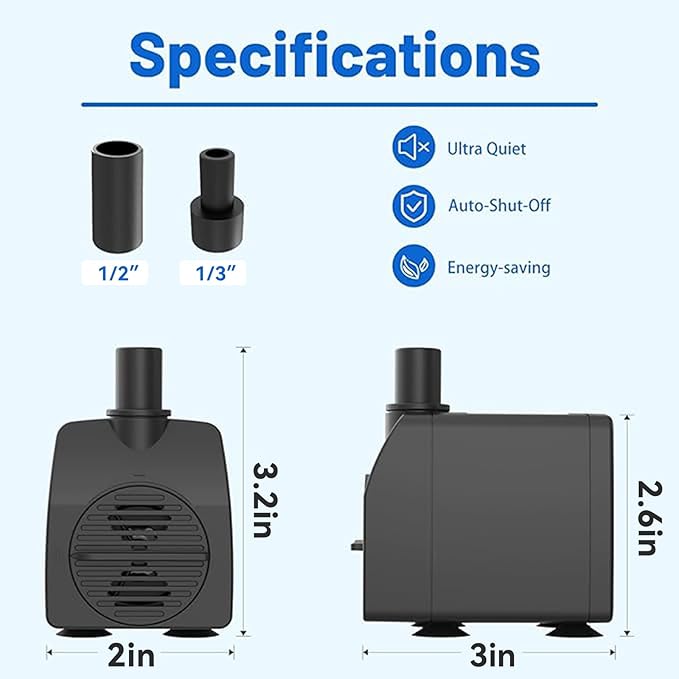 Knifel Submersible Pump 200GPH with AUTO-Shut-Off 5.2ft High Lift for Fountains, Hydroponics, Ponds, Aquariums & More