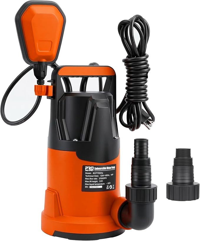 Prostormer 1HP 3700GPH Submersible Clean Water Pump with 31ft Lift | Water Pump with Auto Float Switch, Waterproof, for Tanks/Basements/Pools