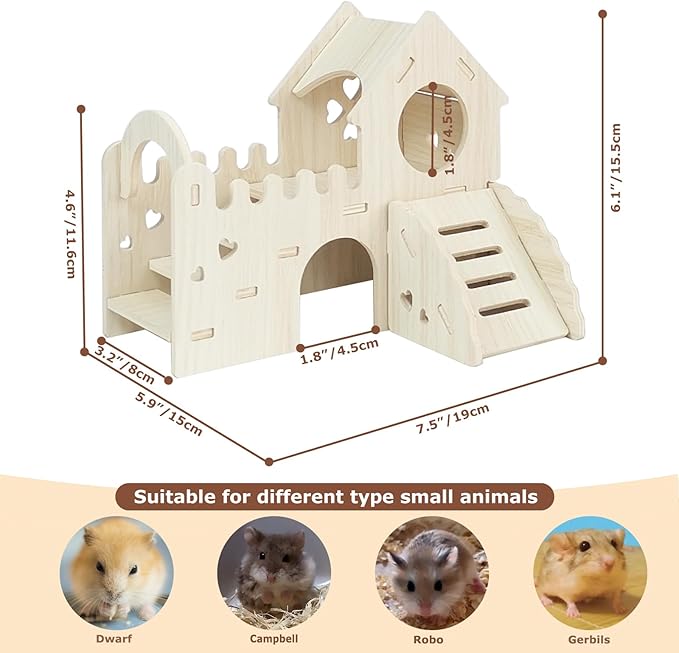 Wood Hamster Hideout House Habitat Wooden Maze Hide Hut with Climbing Ladder and Platform Cage Accessories Toys for Dwarf Gerbils Mouse Mice Rat Other Small Animals etc.