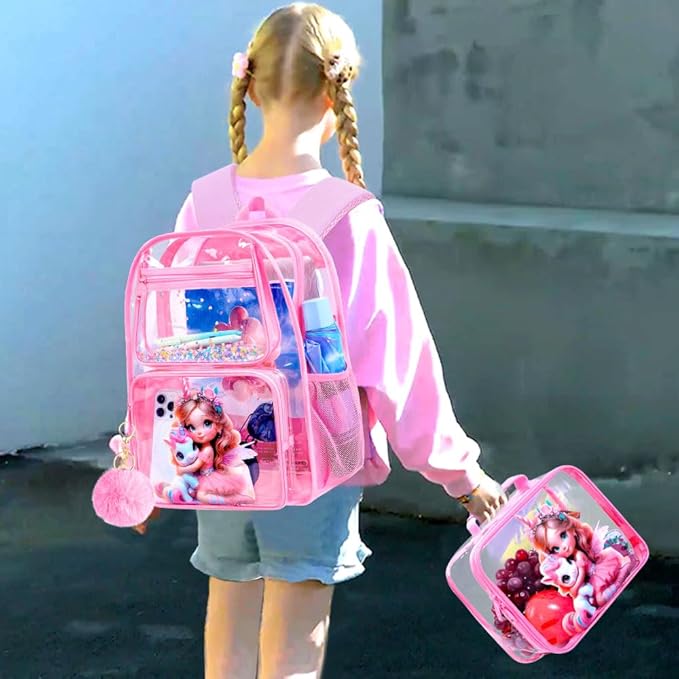 AGSDON 3PCS Unicorn Clear Backpack for Girls,16" Transparent Bookbag Heavy Duty, Cute See Through Backpacks with Lunch Bag - Pink