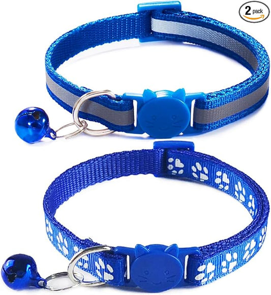 2 Pack Reflective Cat Collar Breakaway with Bells, Girl Boy Cat Collars Adjustable 7.5-12.5 Inch (Blue)