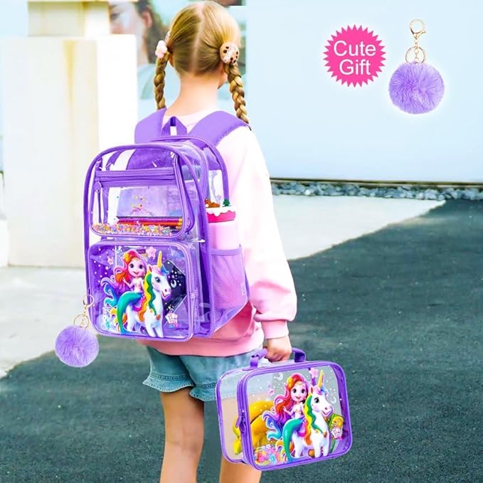 3Pcs Clear Backpack for girls, 16" Mermaid Unicorn Transparent Bookbag, Large See Through PVC School Backpacks with Lunch Box(Purple)