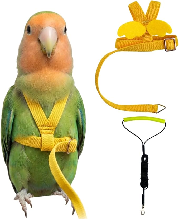 Adjustable Bird Harness with Elastic Leash, Pet Parrot Harness and Leash, Adjustable Training Design Anti-Bite, Bird Nylon Rope with Cute Wing for Conure (Yellow,S)