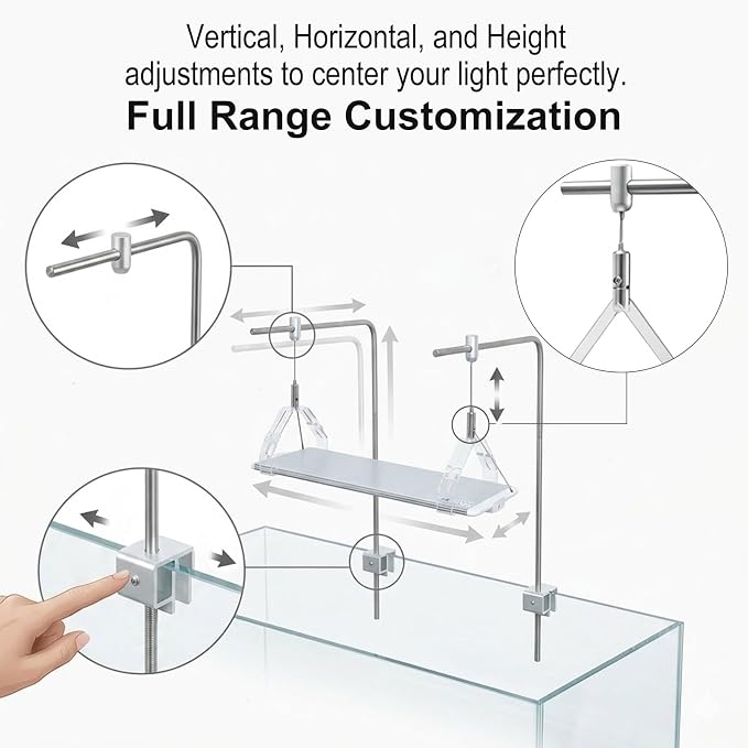 Stainless Steel Aquarium Light Riser - Adjustable Hanging Kit for Rimless Fish Tanks up to 12mm - Professional L-Bracket Stand with Suspension Wire for 5"-24" LED Plant Lights, 1 Pair