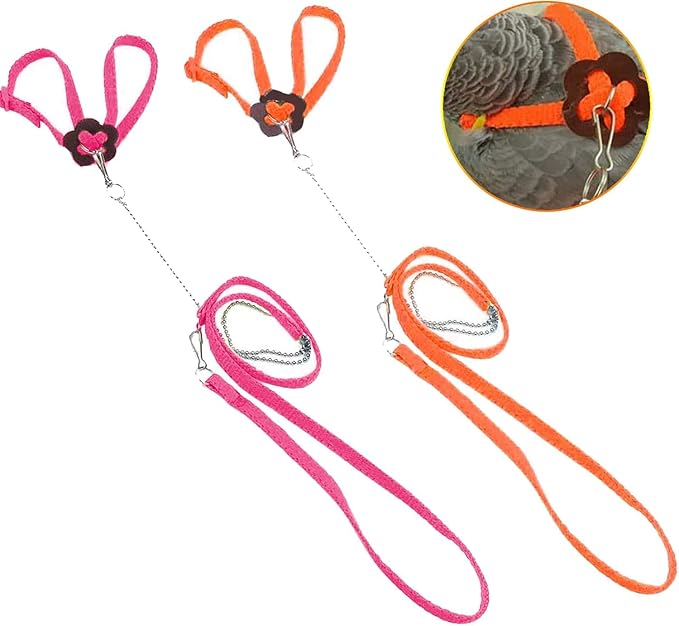 Adjustable Harness Leash for Birds 2Pack Nylon Anti-bite Outdoor Training Walking Control Rope for Parrot African Grey Cockatoo Macaw Ringneck Parakeet Cockatiel Reptile Lizard (Orange+Pink)