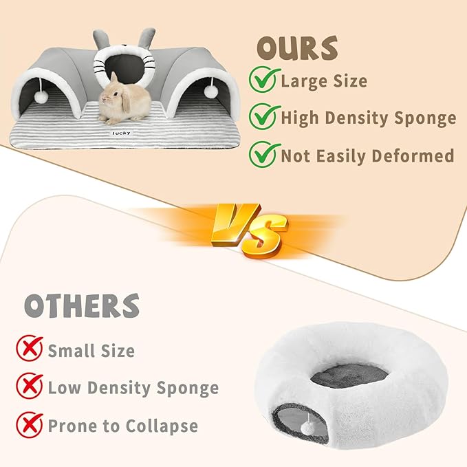 YUEPET 3-Way Bunny Tunnel Bed, Removable & Washable Rabbit Tunnels,Bunny Play Tunnel with Cozy Bed for Indoor Medium Small Rabbits Adult Guinea Pigs Hamsters, Cage Accessories for Small Pets (Grey)