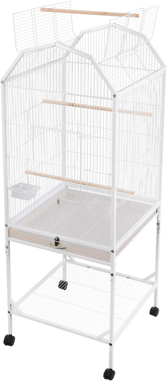 53.5 Inch Iron Bird Cage, Large Parakeet Cages with Play Open Top and Rolling Stand, Bird House with Detachable Stand and Pull-Out Tray for Cockatiels, Parrots, Lovebirds, Canaries (White, Style B)