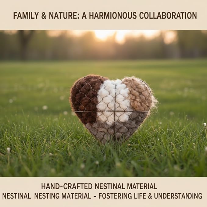 Handmade Fiber Bird Nesting Heart, Refillable Birds Haven 1 Heart Shape Hummingbird Nesting and 2 Bags of Nest Materials, Winter Fowl Gifts Animal Hummingbirds Lovers Home Garden Yard(2Set)