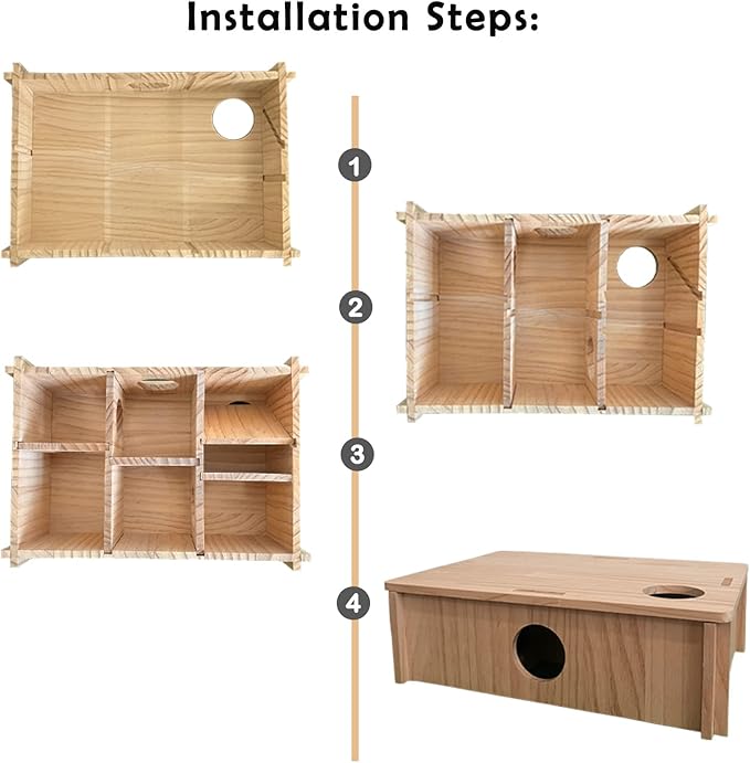 Multi Room Hamster Hideout,Wooden Hamster Multichamber House Platform,Chamber-Maze Gerbil Hideout Wood Tunnel Pet Rat Cage Accessories