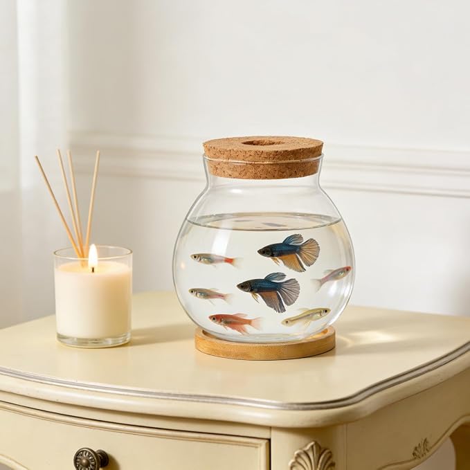 ibasenice Desktop Aquarium Fish Bowl Small Glass Betta Fish Tank with Bamboo Cushion Mini Aquarium for Hydroponic Plants Desktop Decor Office Home and Table Display
