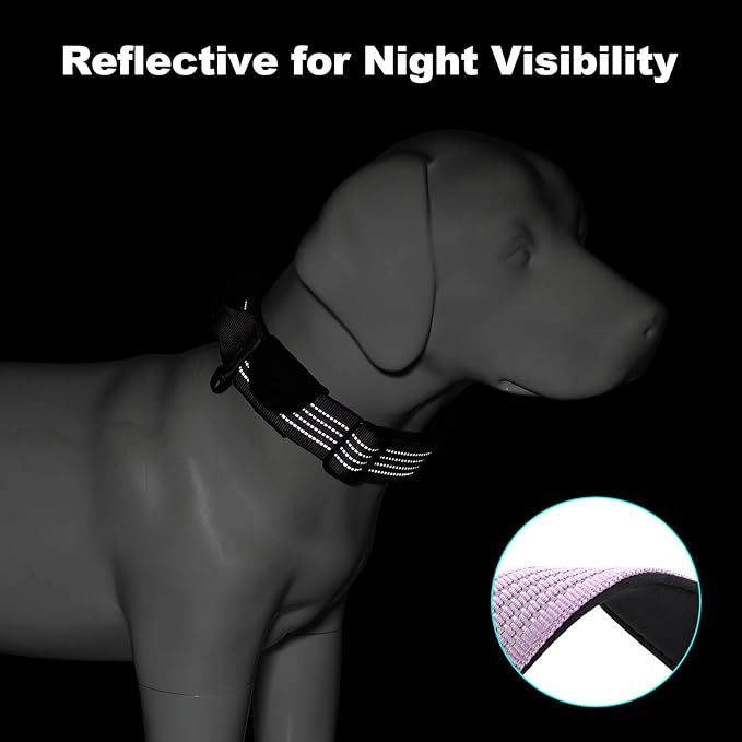 Plutus Pet Tactical Dog Collar with Tracker Pocket for AirTag, Adjustable Reflective Nylon Collar, Metal Buckle, Leather-Wrapped Handle, Soft Padded for Medium Large Dogs (Purple, L)