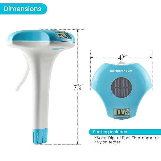 Circrane Solar Digital Pool & Spa Thermometer, Weather Resistant Floating Thermometer, IPX-8 Water Proof, 10s Measuring Cycle, Solar Powered with 270 Days Battery Life, Blue