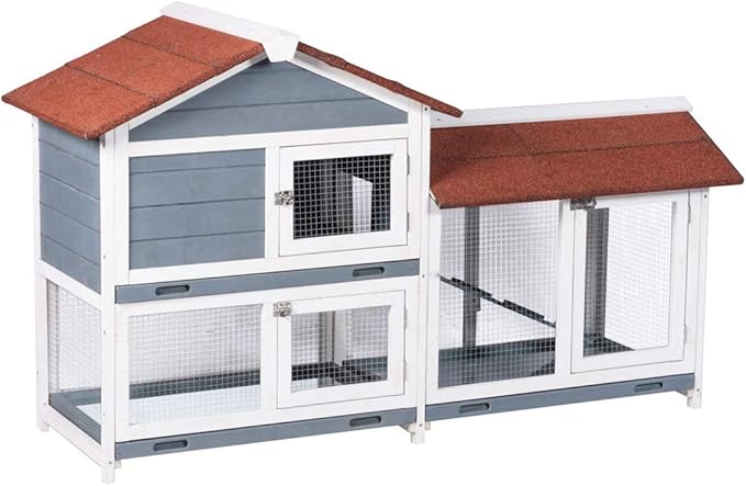 Good Life Two Floors 62" Wooden Outdoor Indoor Roof Waterproof Bunny Hutch Rabbit Cage Guinea Pig Coop PET House for Small to Medium Animals with Stairs and Cleaning Tray PET537