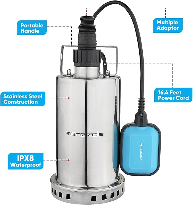 Sump Pump, 3/4 HP 3180GPH Submersible Utility Water Pump, Stainless Steel Portable Electric Water Removal Transfer Pump with 16.4FT Cord for Swimming Pool Basement Garden Pond Tubs Draining