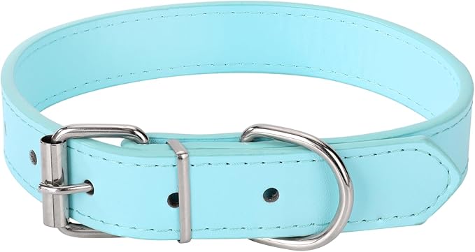 Light Blue Soft Leather Dog Collar for Small,Medium, Large Dog, Comfortable and Adjustable (Wide: 0.75'' for Dog's Neck: 10''~14'', Light Blue, M)