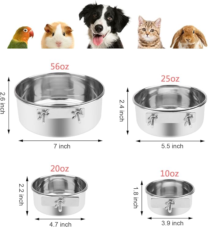 Pet Food Water Bowl with Clamp Holder Stainless Steel Coop Cup Hanging Feeder for Dog Bird Parrot Cat Rabbit (L)
