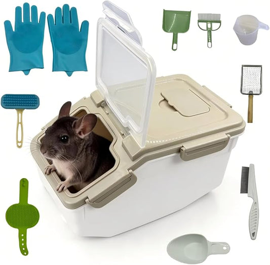 Extra Large Chinchilla Sand Bath Container Kit with Wash and Care Accessories, Chinchilla Dust Bath House, Plastic Dust Bath House for Chinchillas, Hamsters, Hedgehogs, Guinea Pigs and Small Animals