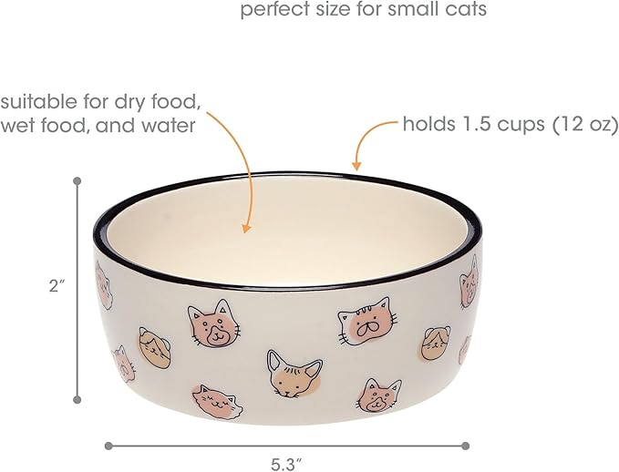 Pearhead Ceramic Cat Bowl, Holds 12 oz, Whisker-Friendly Pet Dish for Food and Water, Cute Cat Face Design