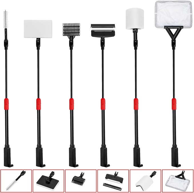 TOPZEA 6 in 1 Aquarium Cleaning Tool Kit, Fish Tank Cleaner Set with Adjustable Telescopic Long Handle (21-32 Inch) Include Algae Scraper, Scrubber Pads, Fish Net, Tube Cleaning Brush, Gravel Rake