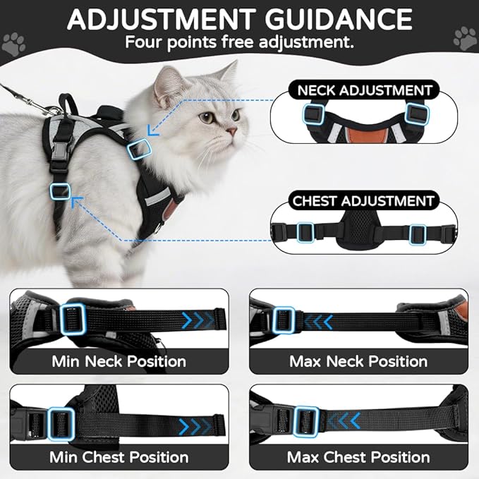 Cat Harness and Leash Set with Holder Compatible with AirTag, Escape Proof Kitten Harness with Lead for Small Cats, Soft Mesh Puppy Jacket Vest for Outdoor Walking, Reflective & Adjustable, Black, S