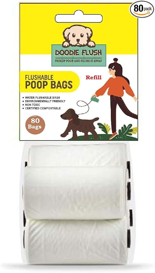 Doodie Flush Dog Poop Bag - Refill – 80 Biodegradable Dog Waste Bags on Rolls - Dissolves in Water Refill Pack – 100% Eco Friendly, Flushable, Ultra Thick, Compostable Doggie Bags