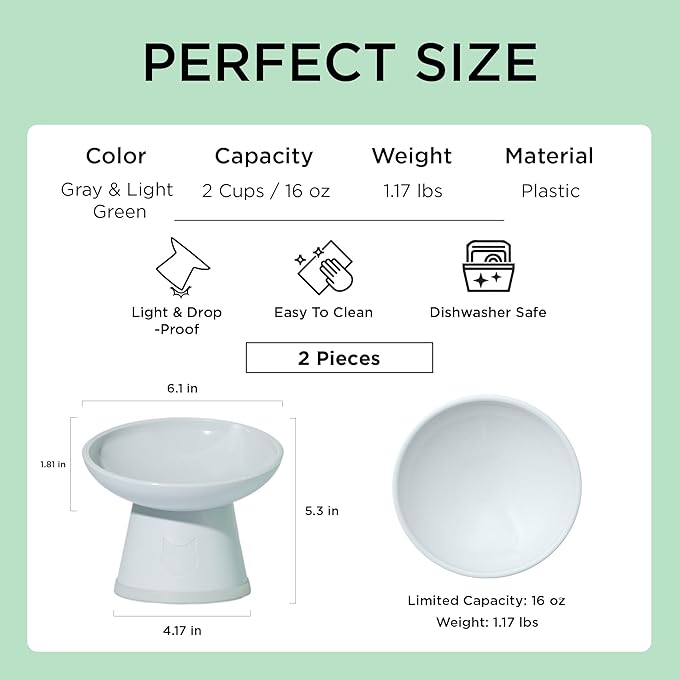 Necoichi 2pcs Tilted Elevated Cat Food Bowls BPA-Free Plastic 15° Tilted Raised Cat Bowl for Whisker & Neck Fatigue, Dishwasher Safe Non-Slip & Anti-Vomiting Ergonomic Design (Smoky Mint)