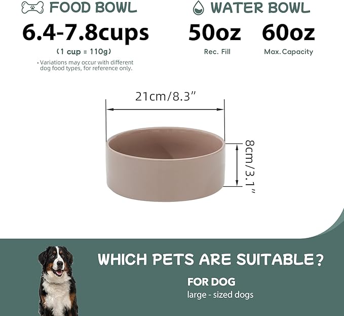 Havniva Ceramic 8.2inch Dog Bowl for Large-Breed Dogs, Anti-Slip and Weighted Pet Food and Water Bowl (Single Bowl - Brown Coffee)