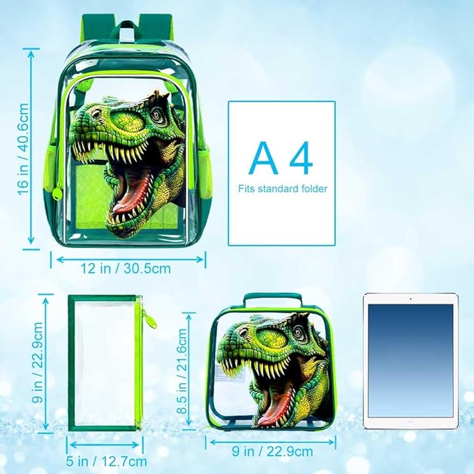 16" Dinosaur Clear Backpack for Boys - 3Pcs School Stadium Approved Transparent Set, Campus See Through Bookbag with Lunch Box (Green)