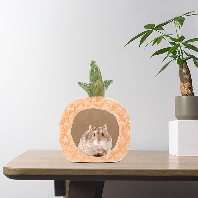 Ipetboom Ceramic Hamster Hideout Pineapple Shape Cooling Pet Nest Small Animal House for Hamsters Guinea Pigs Rats Chinchillas
