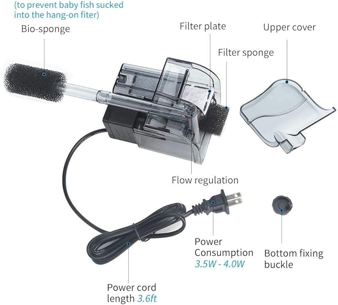 Boxtech Aquarium Hang On Filter - Power Waterfall Suspension Oxygen Pump - Submersible Hanging Activated Carbon Biochemical Wall Mounted Fish Tank Filtration Water (5-10 Gal)