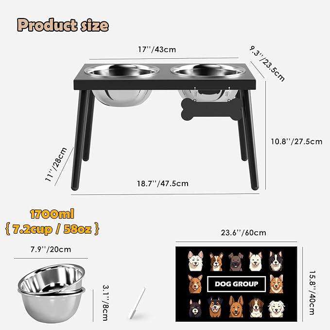 ADENGL Metal Raised Dog Bowl Stand for Large and Medium Dogs, Elevated Dog Bowls with Sprill Proof Mat ＆ Slow Feeder, Pet Food Bowls 10" Tall Dogs Feeder (58OZ-Stainless Steel Pet Bowl, Mat-16x24in)
