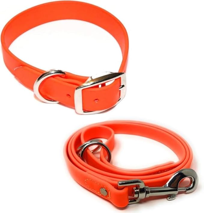 Regal Dog Products Medium Orange Waterproof Dog Collar and Leash Set | Heavy Duty Double Buckle & D Ring - 5'ft Leash | Adjustable Biothane Dog Collar | Chew Resistant Waterproof Collar for Dogs