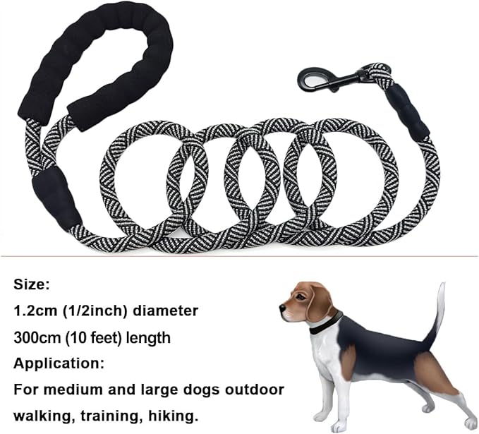 MayPaw Heavy Duty Rope Dog Leash, 3/4/5/6/7/8/10/12/15 FT Nylon Pet Leash, Soft Padded Handle Thick Lead Leashes for Large Medium Dogs (Black, 1/2" * 10')