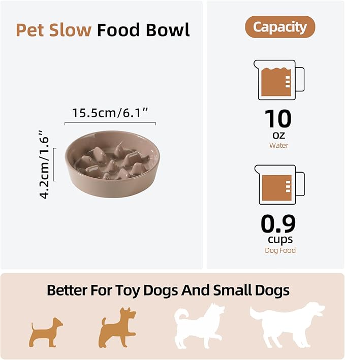 Havniva Ceramic 0.9 Cup Dog Bowl Slow Feeder, 6.1inch Slow Pet Food Dish for Small Dog and Cat, Stop Bloat, Preventing Choking(Single Bowl, Brown Coffee)