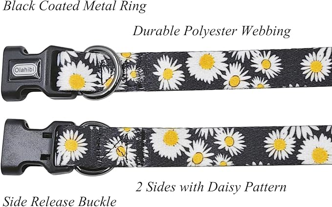 Dog Collar and Leash Set, Cute Daisy Pattern, Polyester Material, 5ft Leash, for Small Dogs.(Small,Black Daisy)