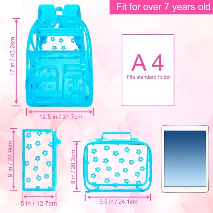 CCJPX 3Pcs Clear Backpack for Girls, School Transparent Bookbag, Heavy Duty See Through Backpacks for Teens Elementary