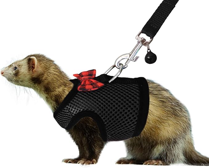 Rypet Small Animal Harness and Leash - Soft Mesh Pet Harness with Safe Bell, No Pull Comfort Padded Vest for Small Pet Black S