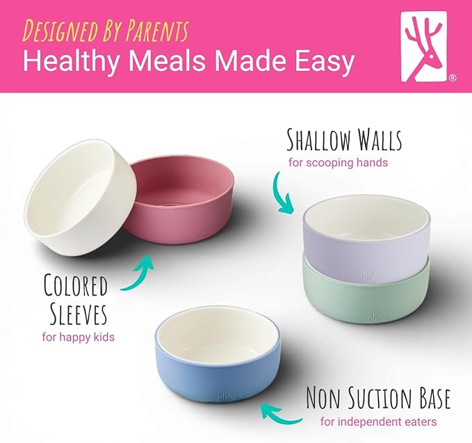 Elk and Friends Kids Porcelain Bowls with Silicone Sleeves | Suitable for Babies/Toddlers | Microwave & Dishwasher Safe | Non Slip Dinnerware | Snack Dishes | 4 Pack