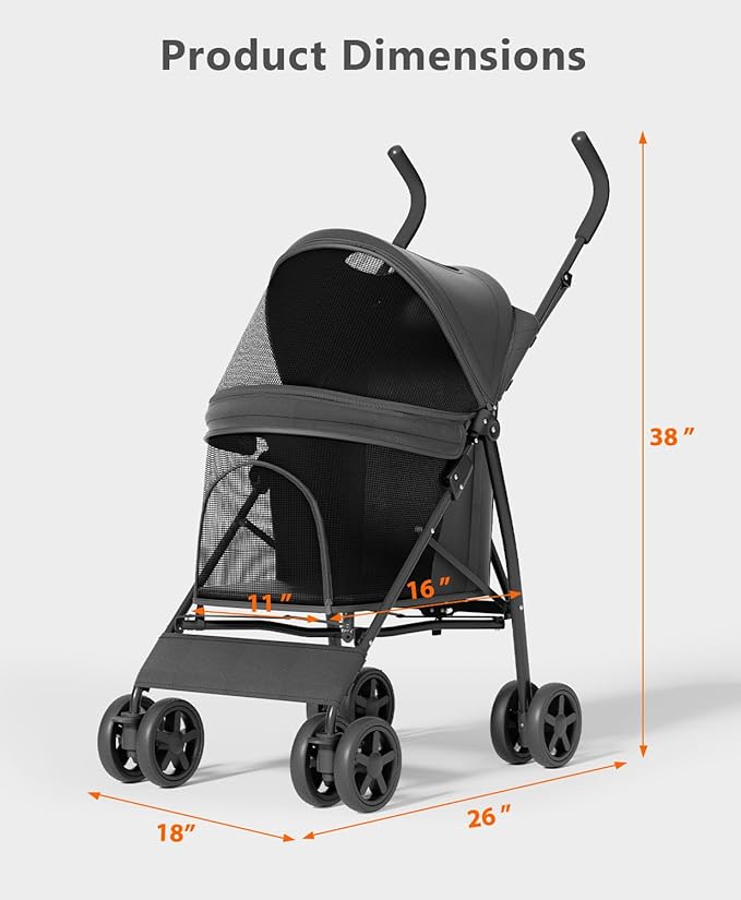 OS MOTOR Pet Stroller with 4 Wheels for Small/Medium Pets, Portable Travel Foldable Carrier Jogger for Dog Cat Puppy Kitty, Rear Wheel Breaks, Storage Basket, Visible Mesh with Weather Cover (Black)