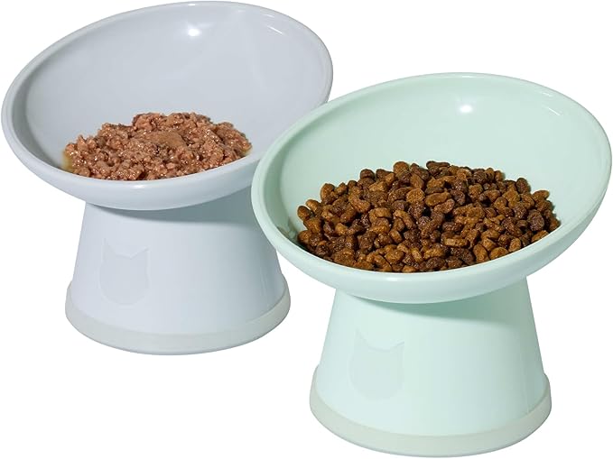 Necoichi 2pcs Tilted Elevated Cat Food Bowls BPA-Free Plastic 15° Tilted Raised Cat Bowl for Whisker & Neck Fatigue, Dishwasher Safe Non-Slip & Anti-Vomiting Ergonomic Design (Smoky Mint)