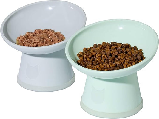 Necoichi 2pcs Tilted Elevated Cat Food Bowls BPA-Free Plastic 15° Tilted Raised Cat Bowl for Whisker & Neck Fatigue, Dishwasher Safe Non-Slip & Anti-Vomiting Ergonomic Design (Smoky Mint)