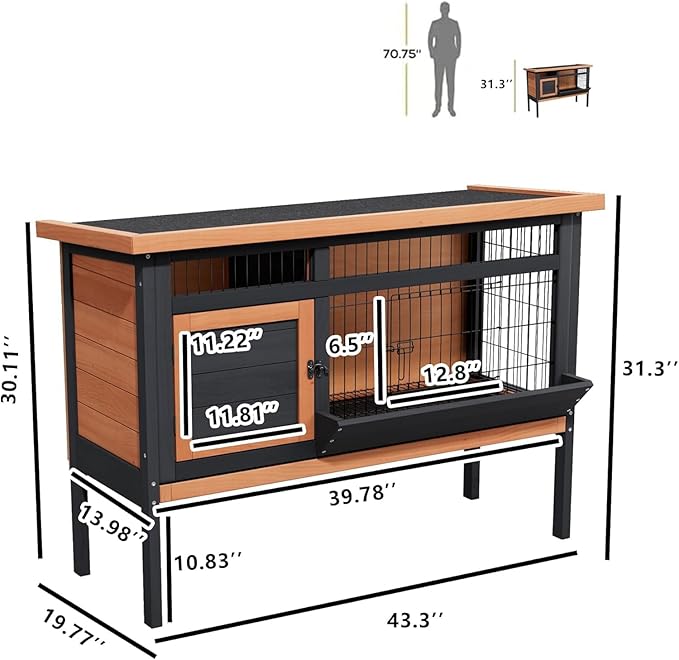 Elevated Guinea Pig Cage, Wooden Rabbit Hutch with Pull-Out Tray for Easy Cleaning, Waterproof Roof Small Animal House Indoor/Outdoor with Metal Mesh Base, for Bunny, Hamster, Quail (Orange/Black)