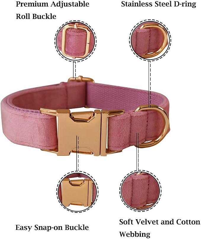 Velvet Dog Collar and Leash Set with Quick Release Metal Buckle | Bright & Stylish Leash and Collar Set, Soft Heavy Duty Pet Collars Adjustable for Samll Medium Large Dogs or Cats