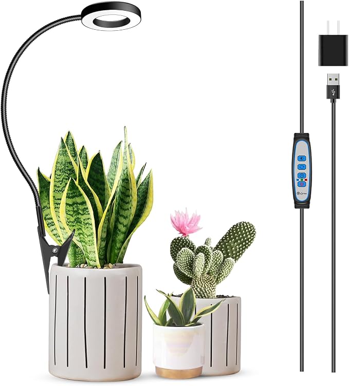 Clip on Grow Light Black for Indoor Growing, 48 LED Full Spectrum | Halo Plant Lamp with 6/12/16H Auto Timer, 5 Dimming, 3 Light Modes, 2 Installation Options Clip or Plug, 360° Gooseneck