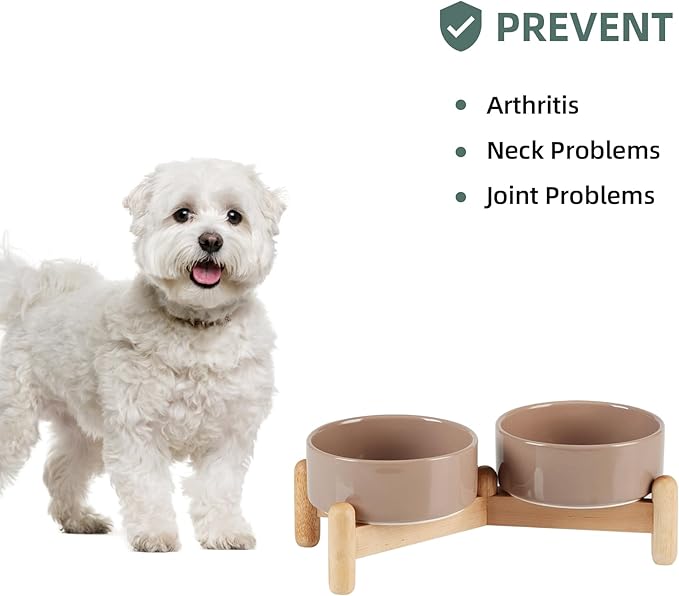 Havniva Ceramic 5.1inch Raised Double Bowls Set with Wooden Stand, Elevated Food & Water Bowls for Small Breed Dogs, Cats, Kitty, Weighted Dog Dishes, Pet Bowls(13.5oz, Brown Coffee)