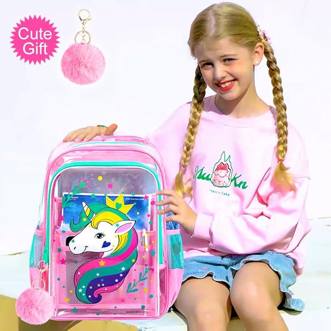 AGSDON 3PCS Clear Backpack for Girls, Kids Unicorn Transparent Backpack with Heavy Duty PVC, See Through Backpacks with Lunch Bag- Pink Unicorn